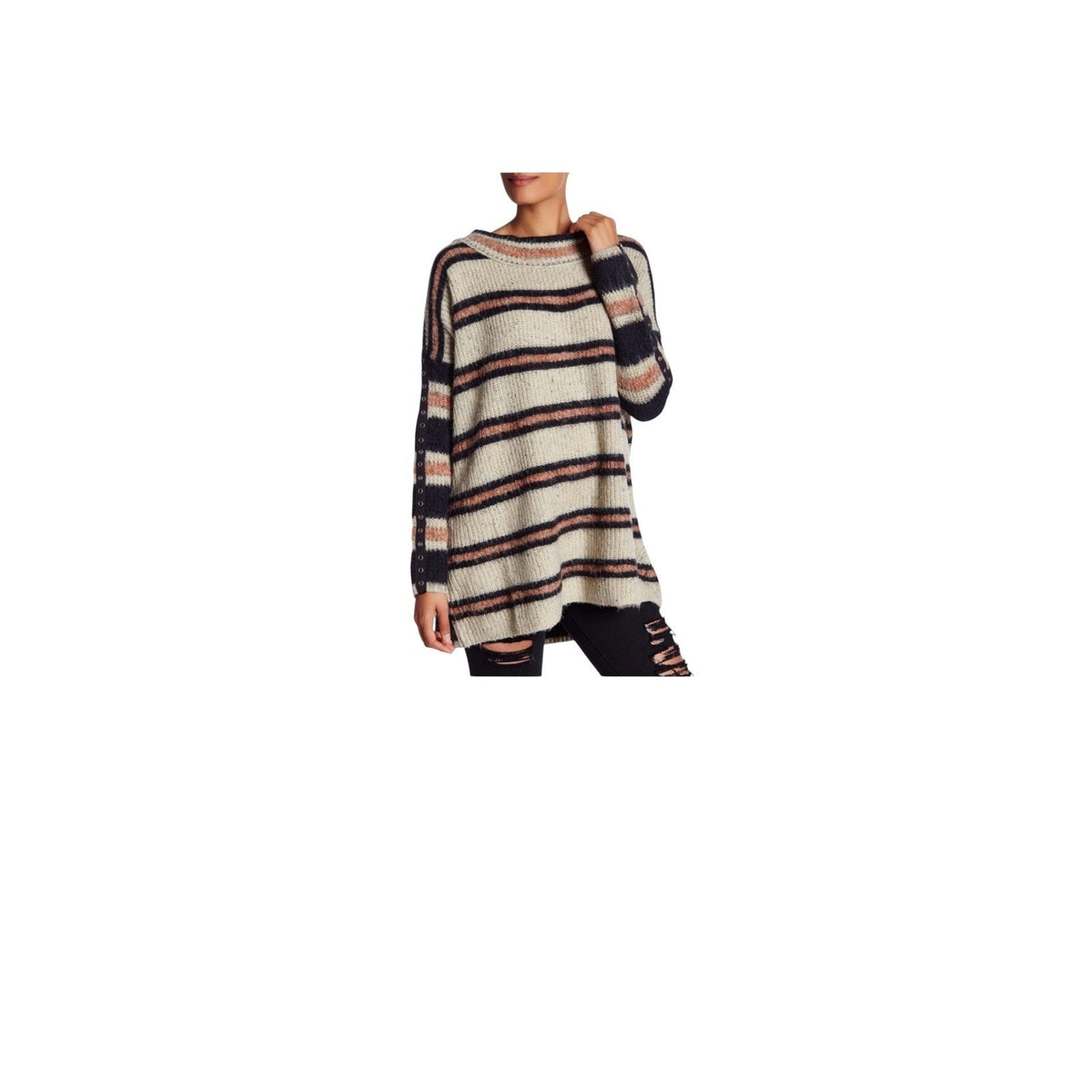 Free People Sid Stripe Tunic Sweater Cream Black Rust Grommet Sleeve Large boho