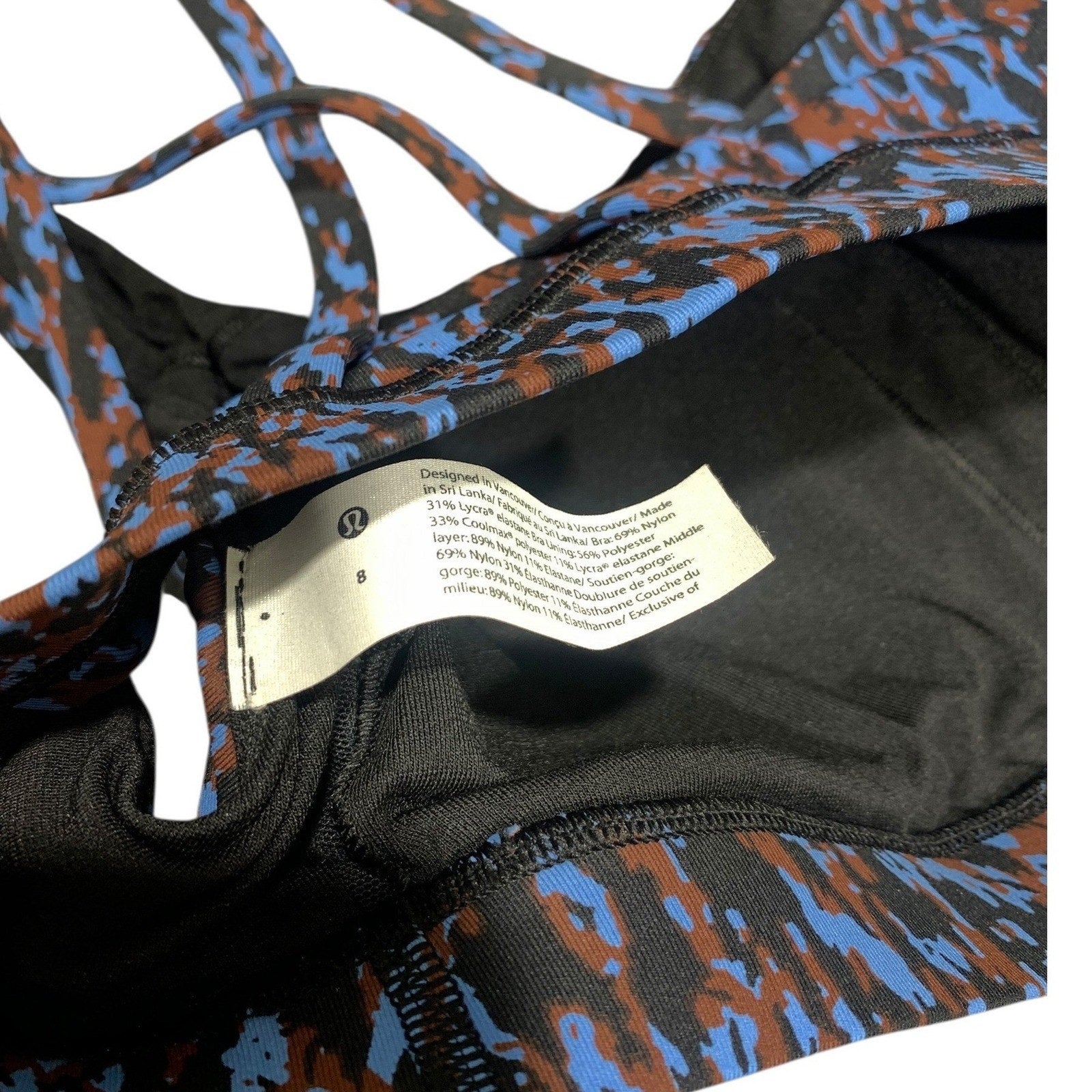 Lululemon Energy Bra Blue Brown Camo Strappy Sports Bra LW2BKBS Size 8