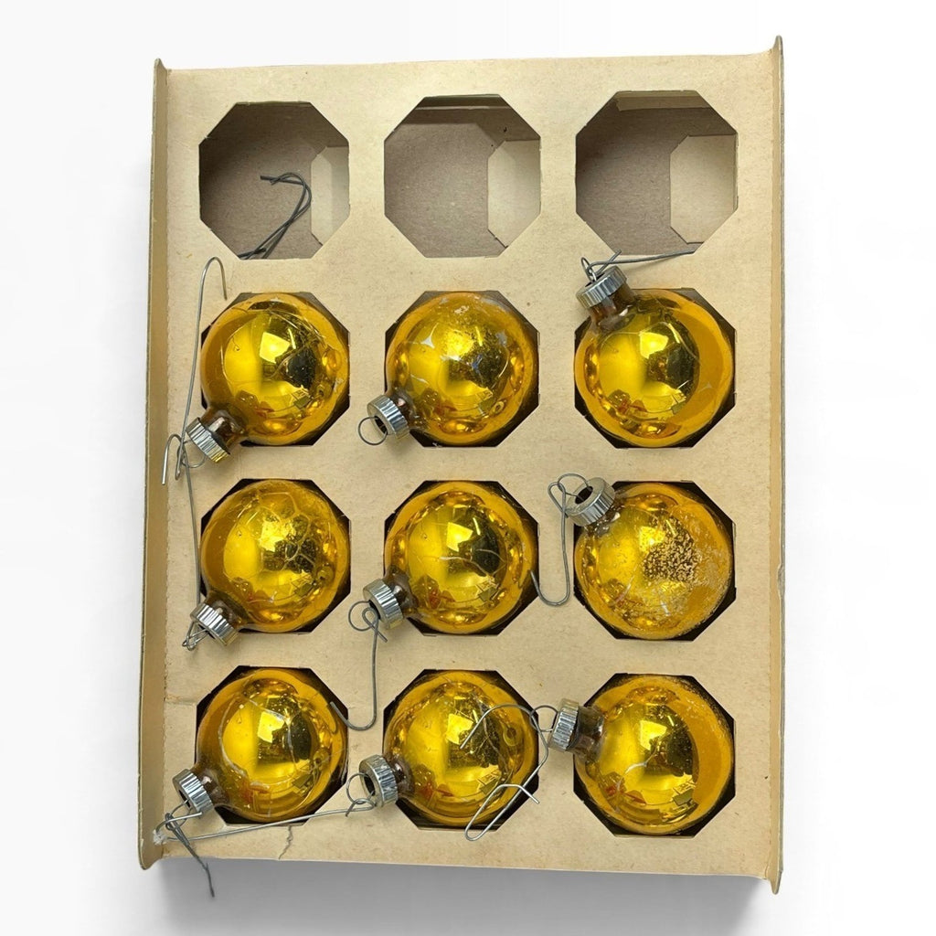 Vintage Shiny Brite Gold Glass Christmas Ornaments 1.5 Inch Set of 9 MCM USA