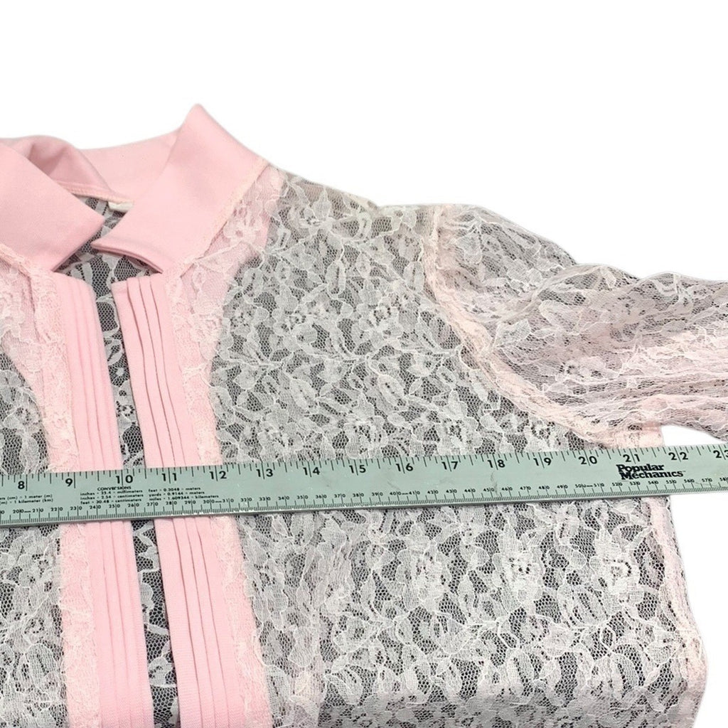 Vintage Bonne Pink Sheer Floral Lace Zip Up Jacket Collared Made in USA Womens