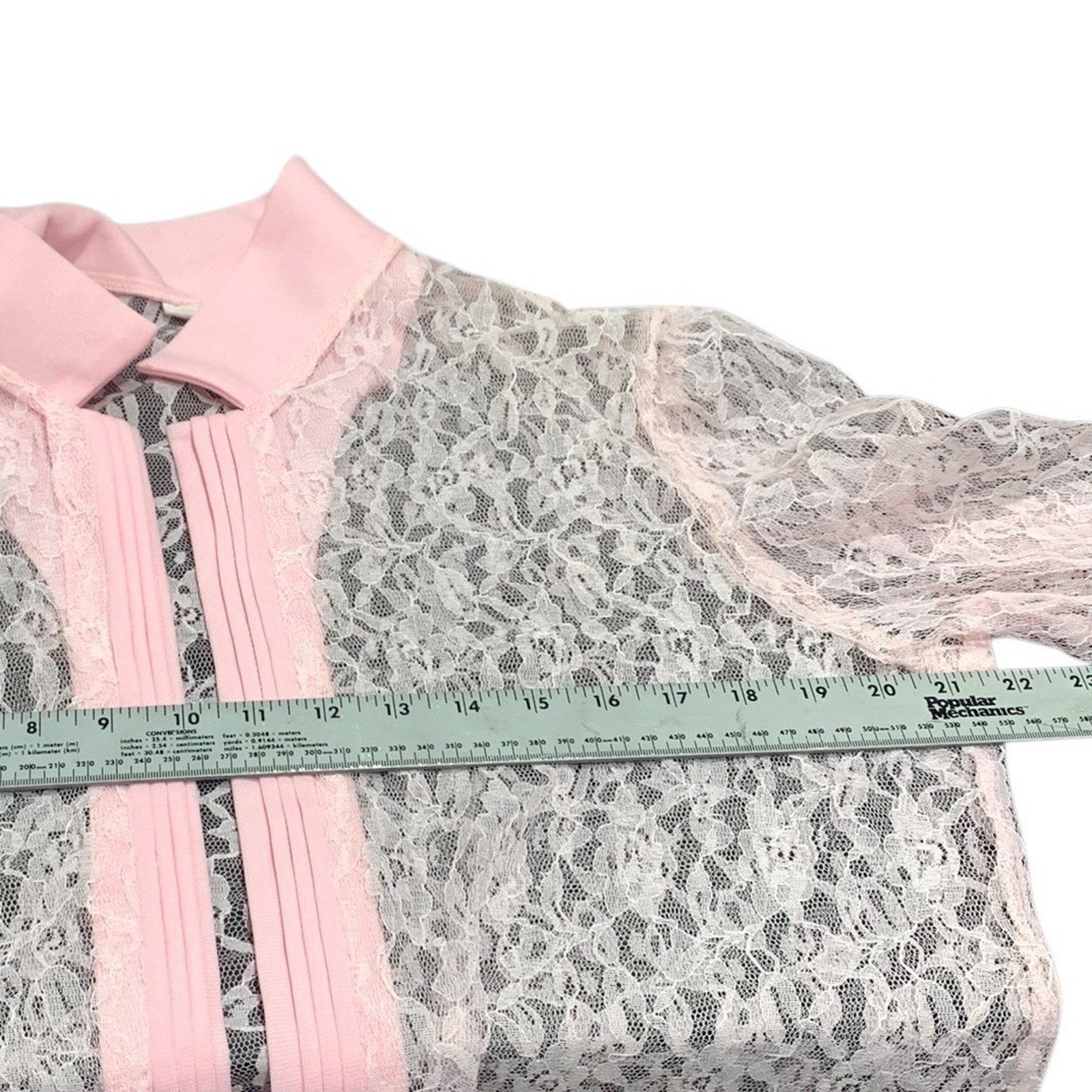 Vintage Bonne Pink Sheer Floral Lace Zip Up Jacket Collared Made in USA Womens