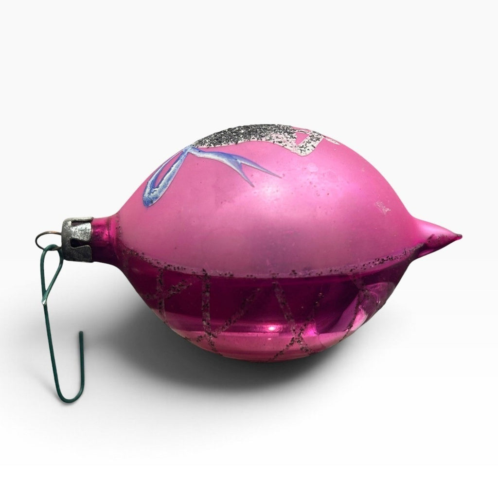 Vintage Poland Glass Teardrop Christmas Ornament Pink Bell Silver Glitter 3.5in