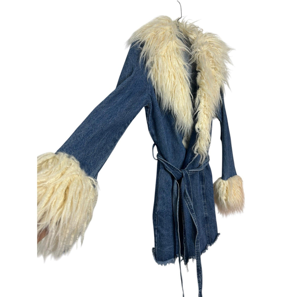 Show Me Your Mumu Penny Lane Coat Blue Denim Faux Fur Trim Wrap Jacket XS 70s