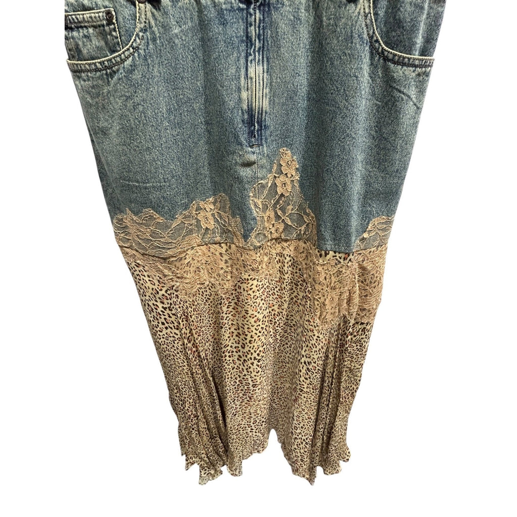 Jeanology Denim Leopard Print Lace Mixed Maxi Dress Y2K Grunge Fairy L Eclectic