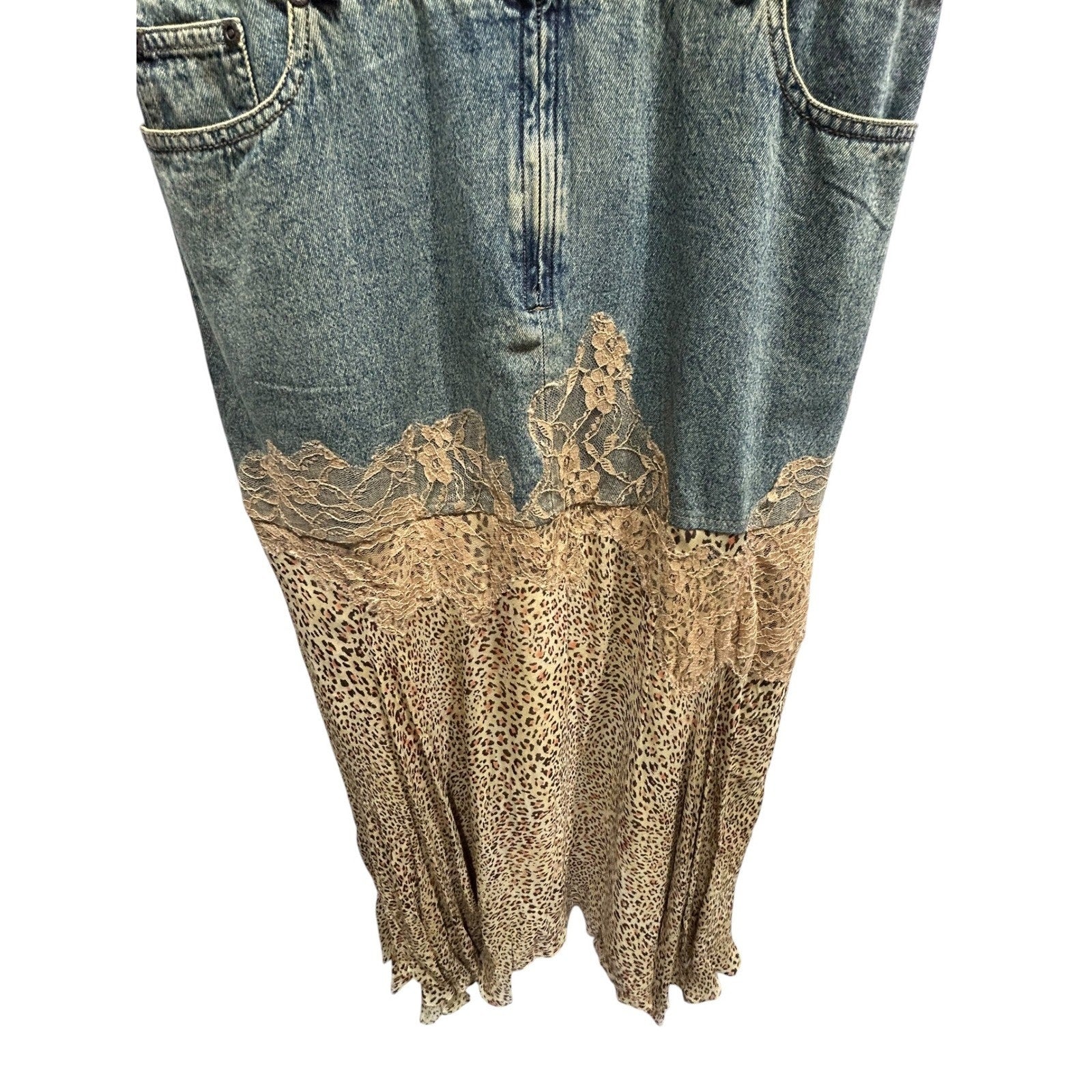 Jeanology Denim Leopard Print Lace Mixed Maxi Dress Y2K Grunge Fairy L Eclectic