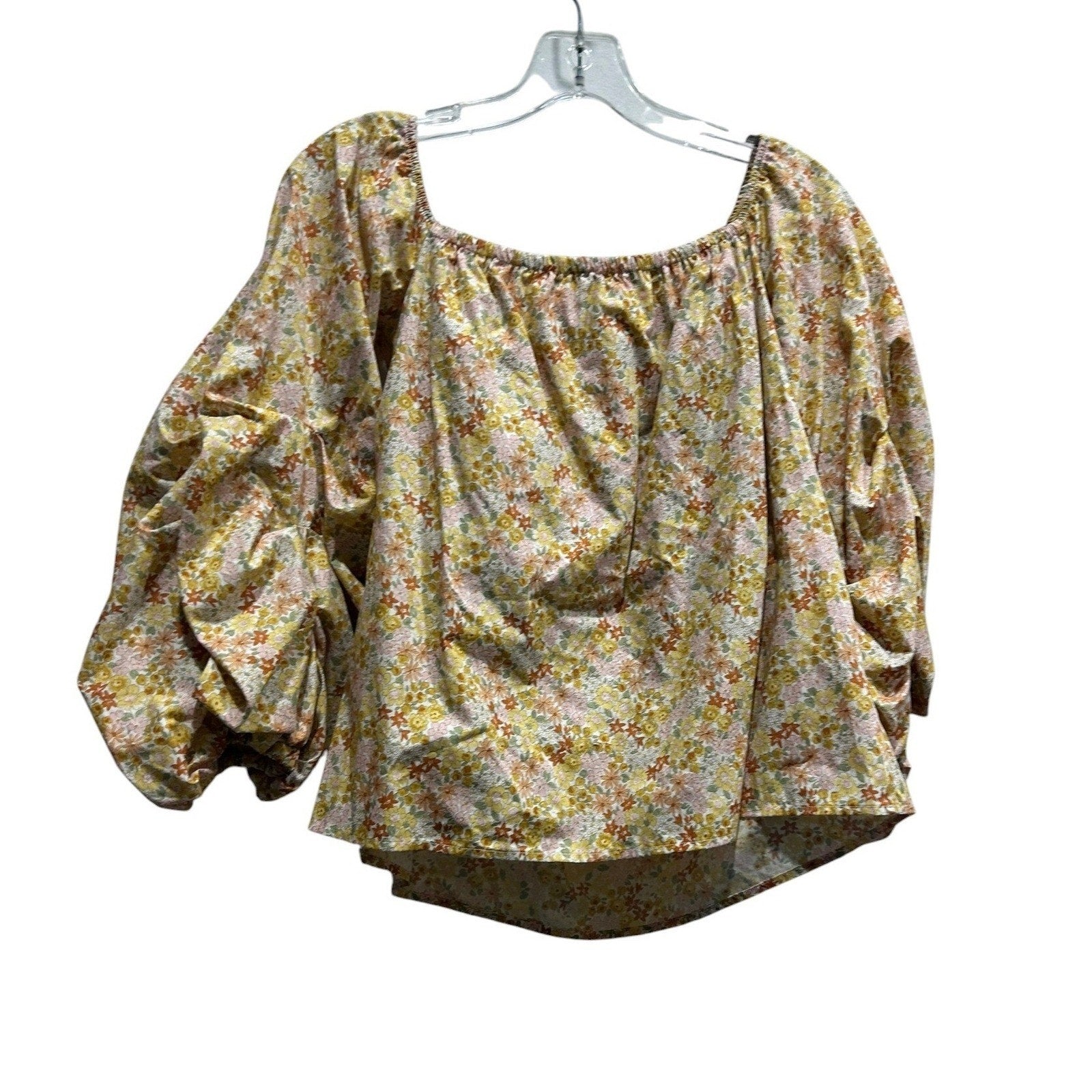 Petersyn Women Yellow Floral Off Shoulder Puff Sleeve Cotton Blouse Top S NWT