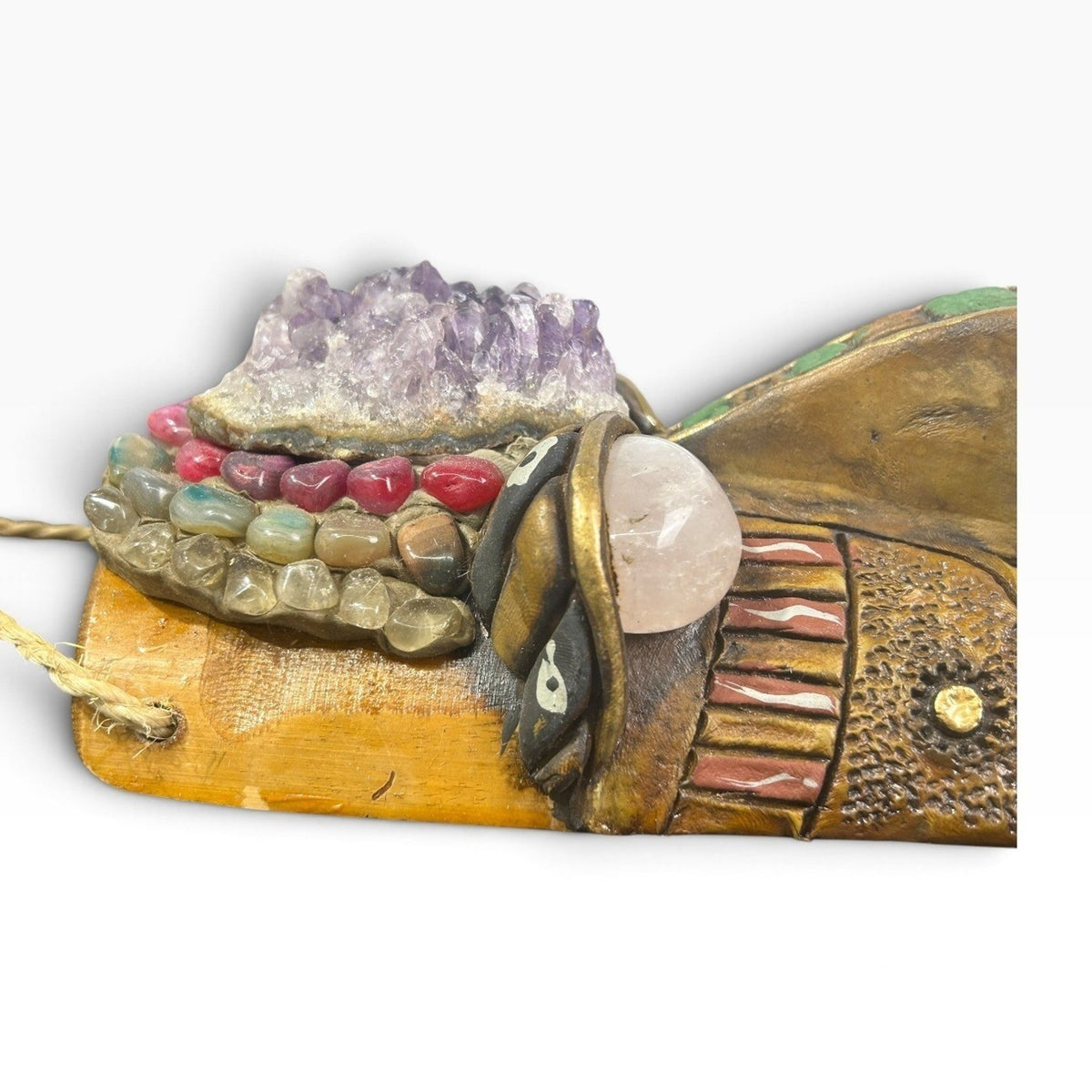 Brazilian Bamboo Mask Decor with Amethyst Rose Quartz & Natural Gemstones 12"
