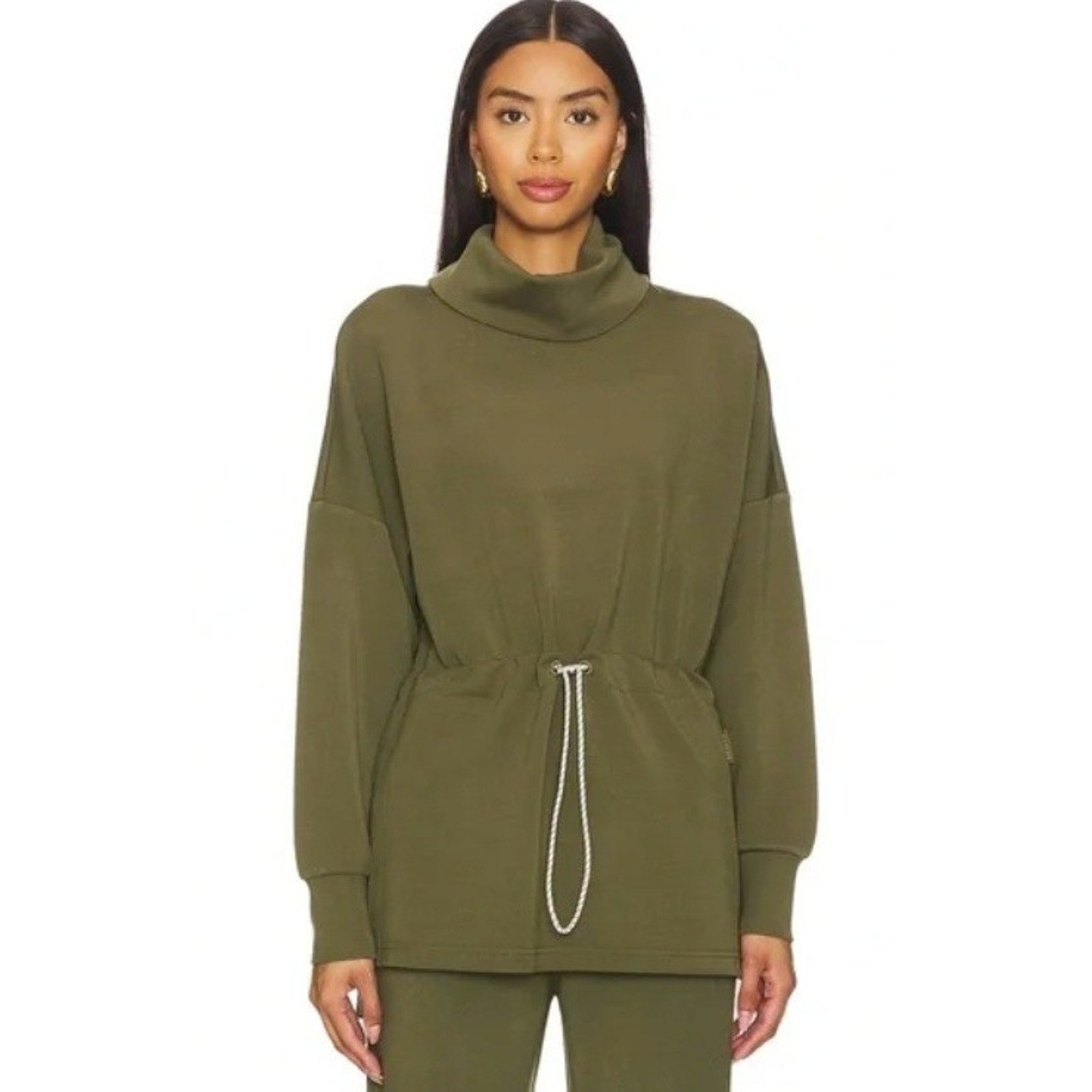 Varley Freya Sweat Olive Green DoubleSoft Cowl Neck Drawstring Pullover Small