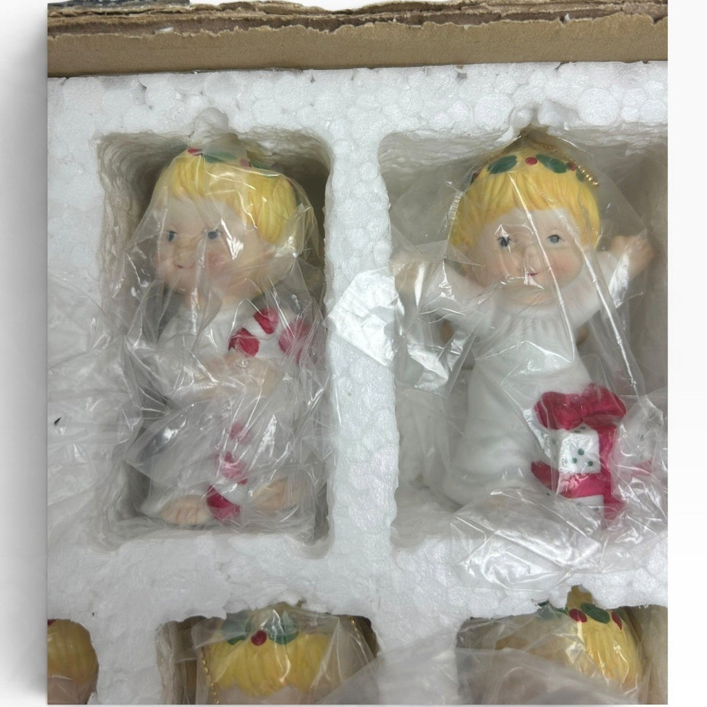 Vintage Ceramic Angel Christmas Ornament Set 12pc Made in Taiwan H9432 3in