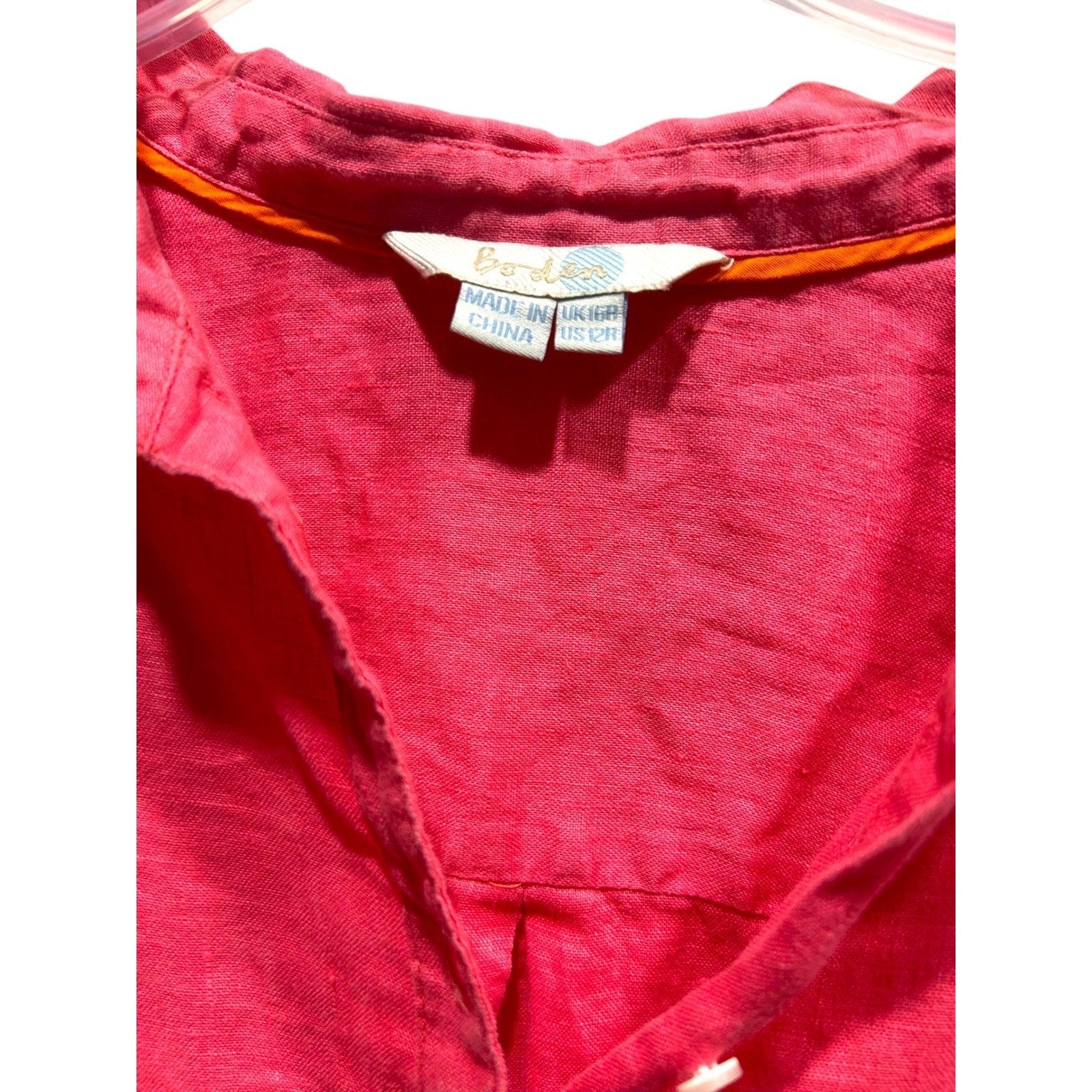 Boden Pink 100% Linen Button Down Shirt Long Sleeve Pockets WA689 US 12R
