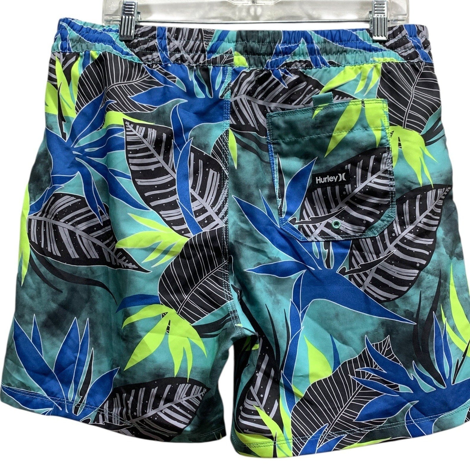 Hurley Mens Tropical Leaf Print Swim Trunks Teal Blue Lime Green Size Large 17"