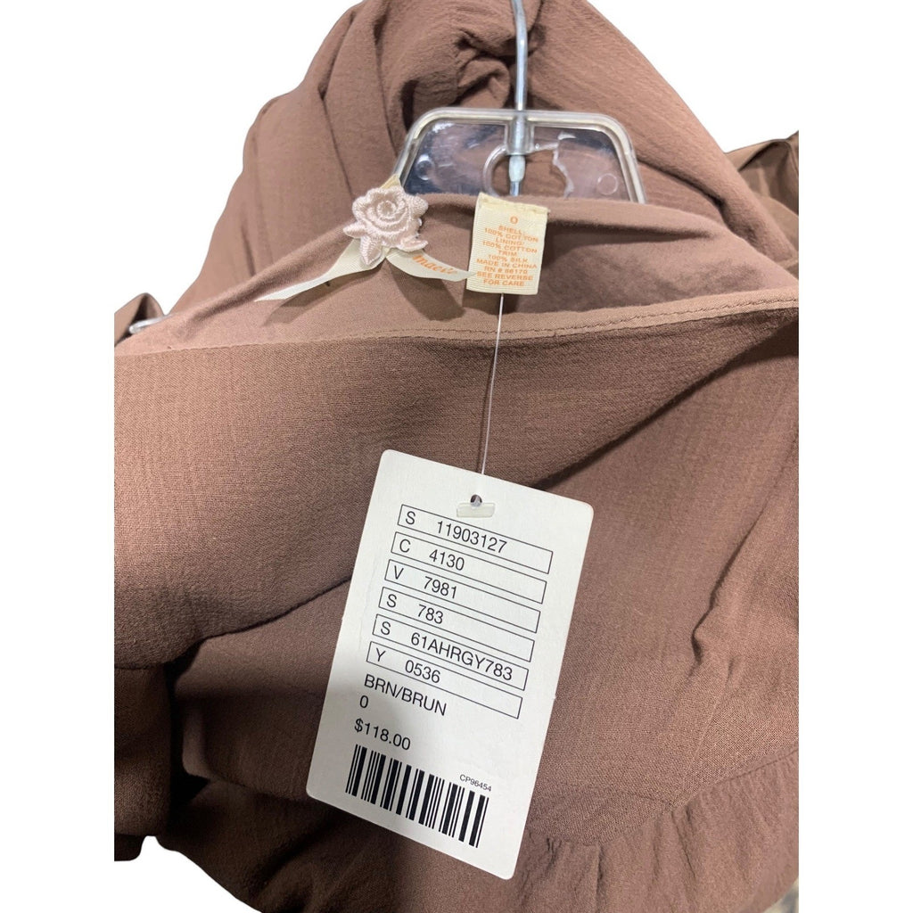 Maeve Anthropologie Brown Tiered Cotton Maxi Dress Silk Tie Back Size 0 NWT