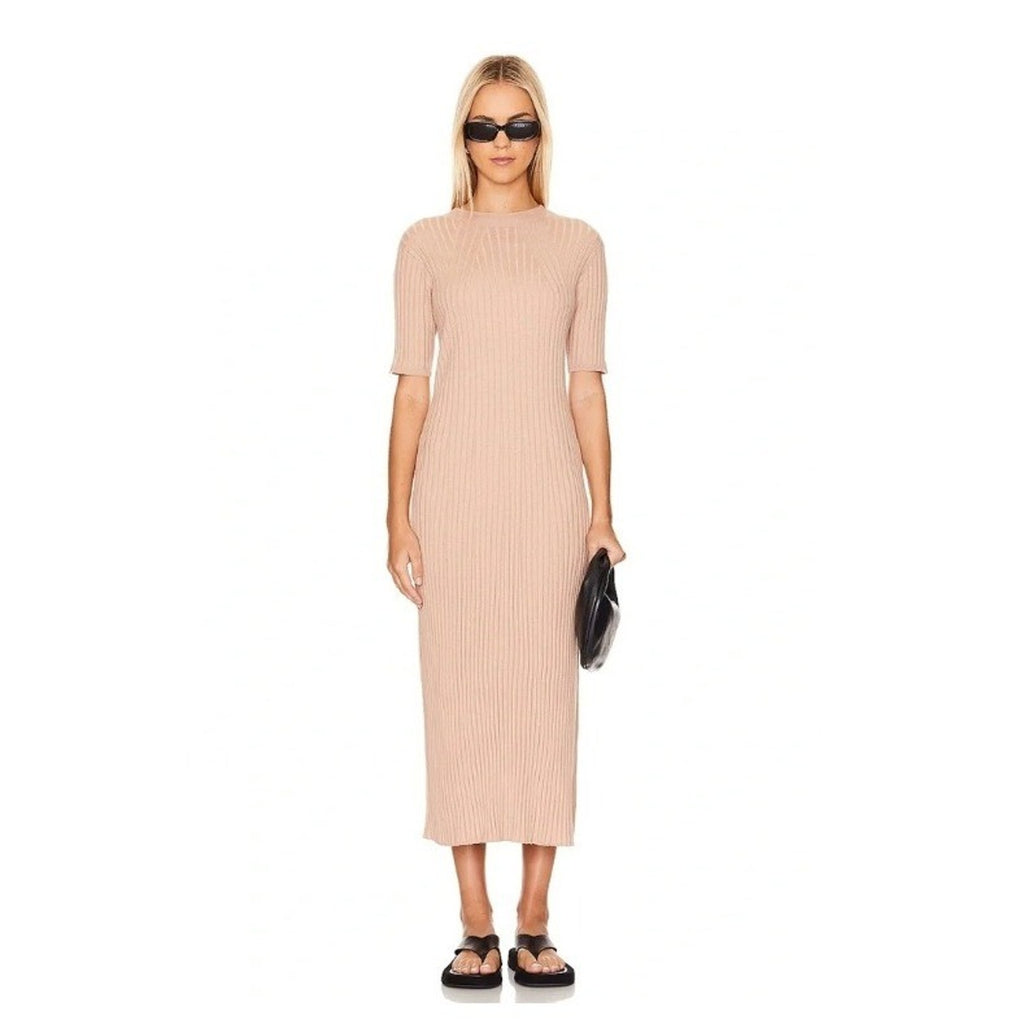Varley Maeve Rib Knit Midi Dress Topa Taupe Short Sleeve Sweater Dress Small