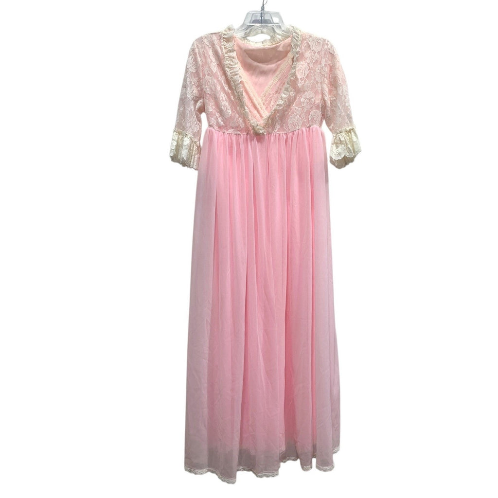 Vintage Pink Lace Maxi Nightgown Sheer Empire Waist Ruffle Sleeve Peignoir Dress