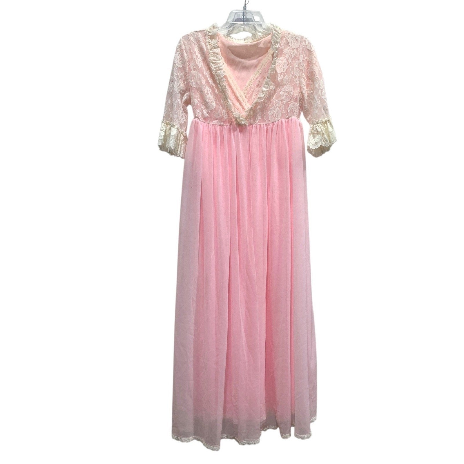 Vintage Pink Lace Maxi Nightgown Sheer Empire Waist Ruffle Sleeve Peignoir Dress