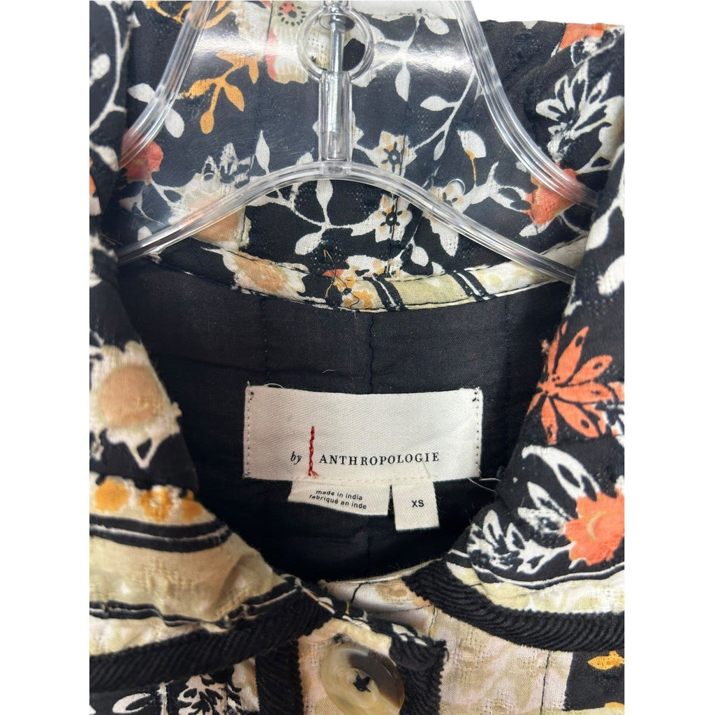 Anthropologie Quilted Patchwork Floral Jacket Black Cream Orange XS XS Boho