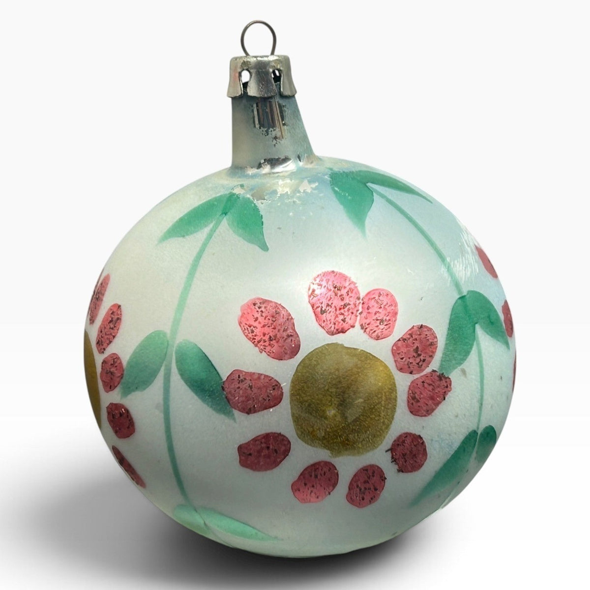 Vintage Poland Glass Christmas Ornament Hand Painted Floral Pink Green 2.5"