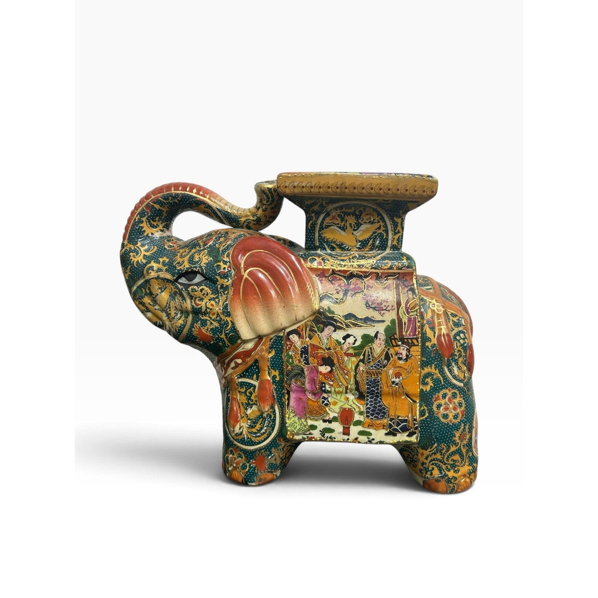Vintage Satsuma Ceramic Elephant Plant Stand Hand Painted Gilded 10in