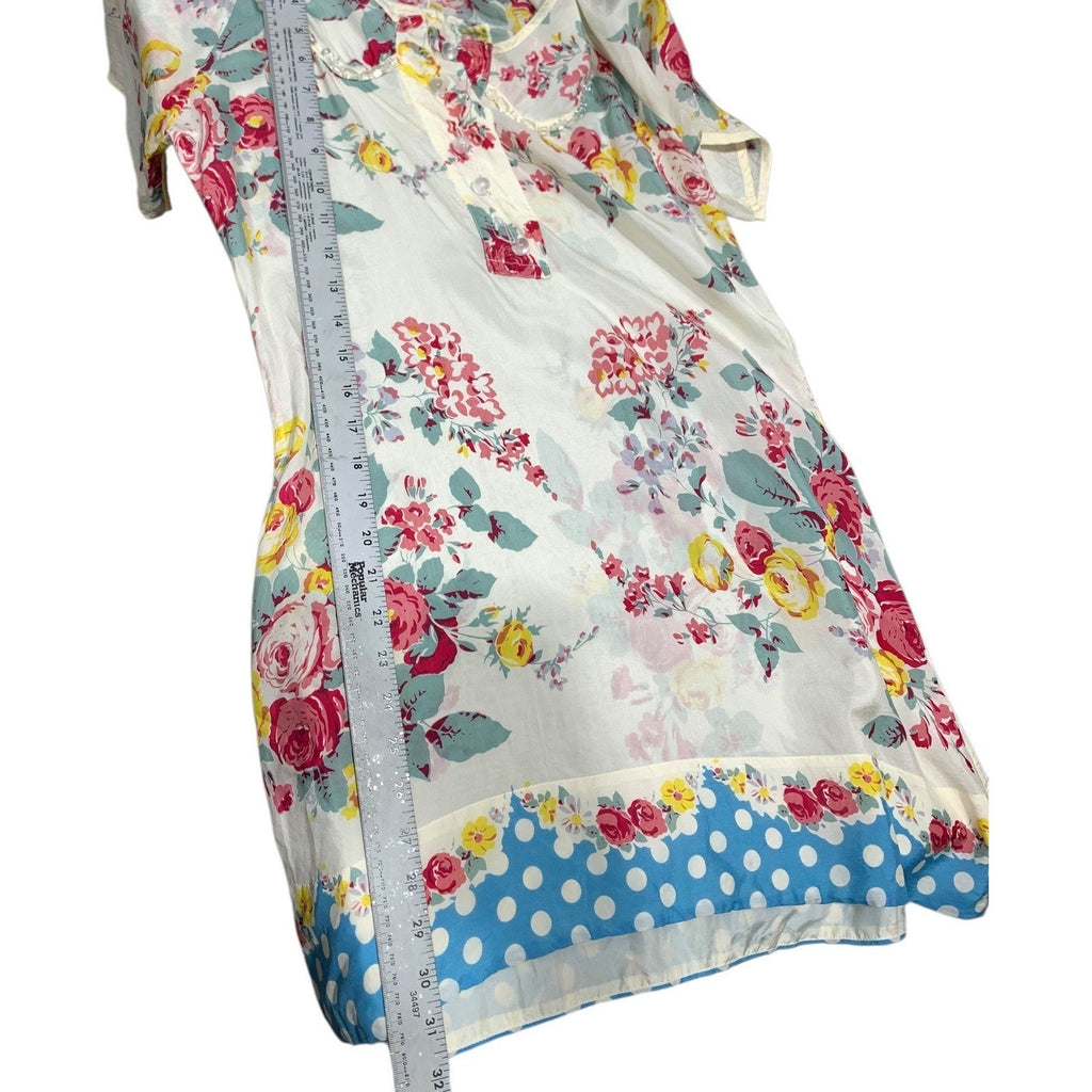 Johnny Was Silk Floral Tunic Dress XS Beaded Neckline Polka Dot Hem Vintage