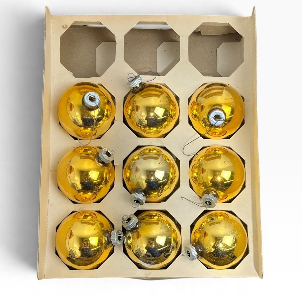 Vintage Shiny Brite Gold Glass Christmas Ornaments Set of 9 USA Made 3in Patina