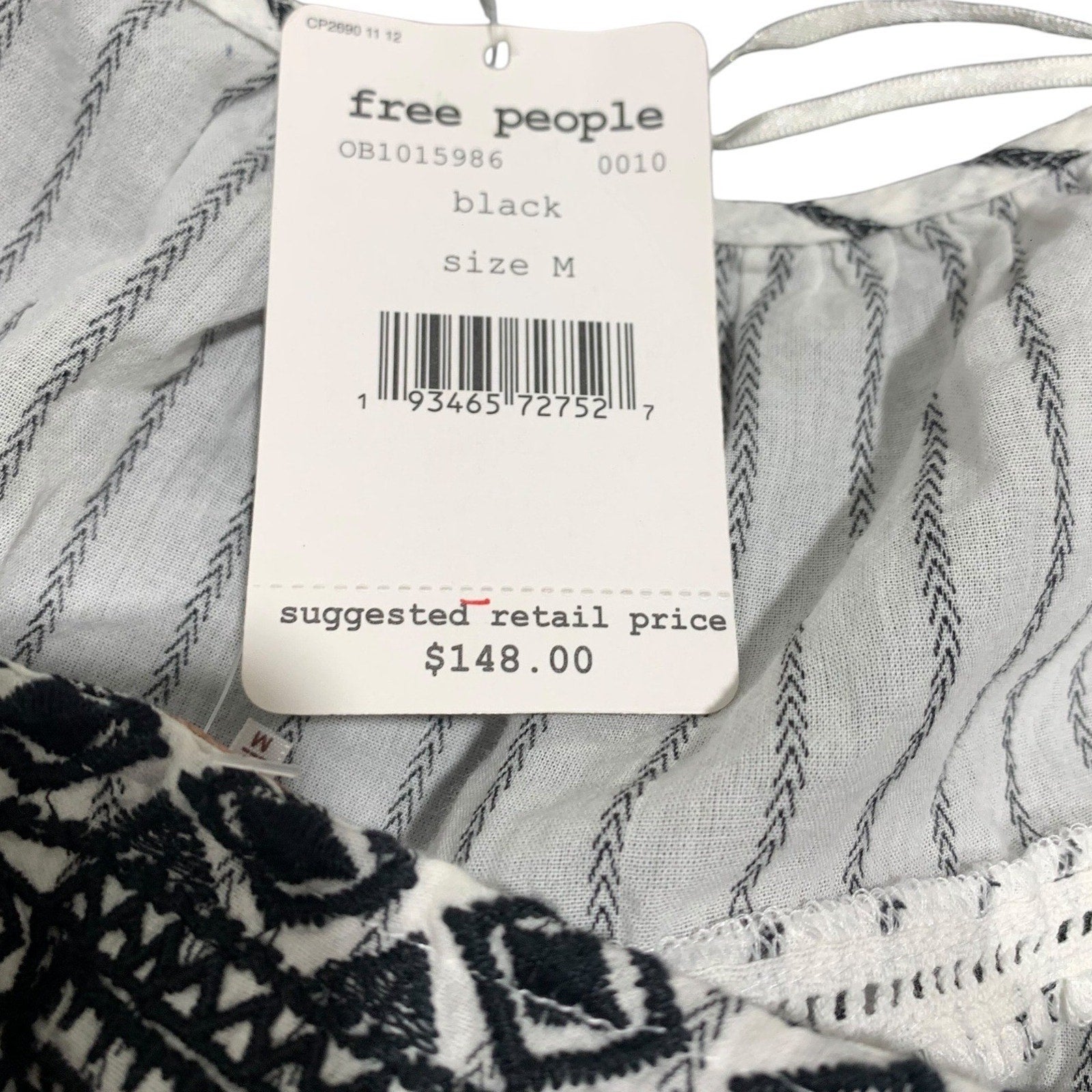 Free People Lola Embroidered Mini Dress Black White Striped Tiered Tunic Top M