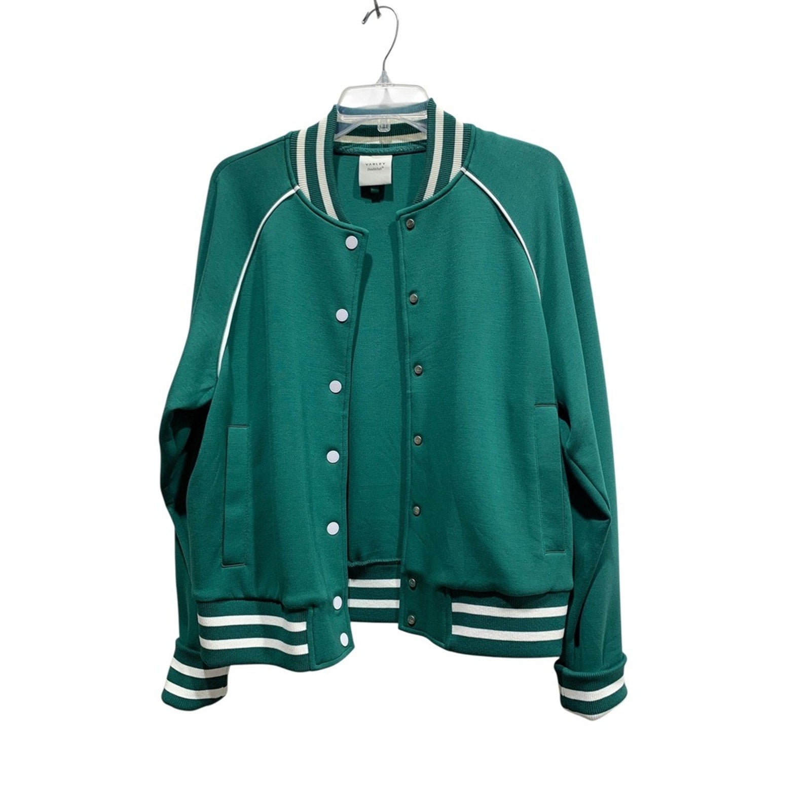 VARLEY Jepson Club Jacket Green DoubleSoft Varsity Style Snap Front Women Small
