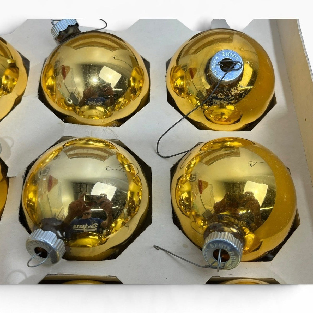 Vintage Shiny Brite Gold Glass Christmas Ornaments Set of 9 USA Made 3in Patina