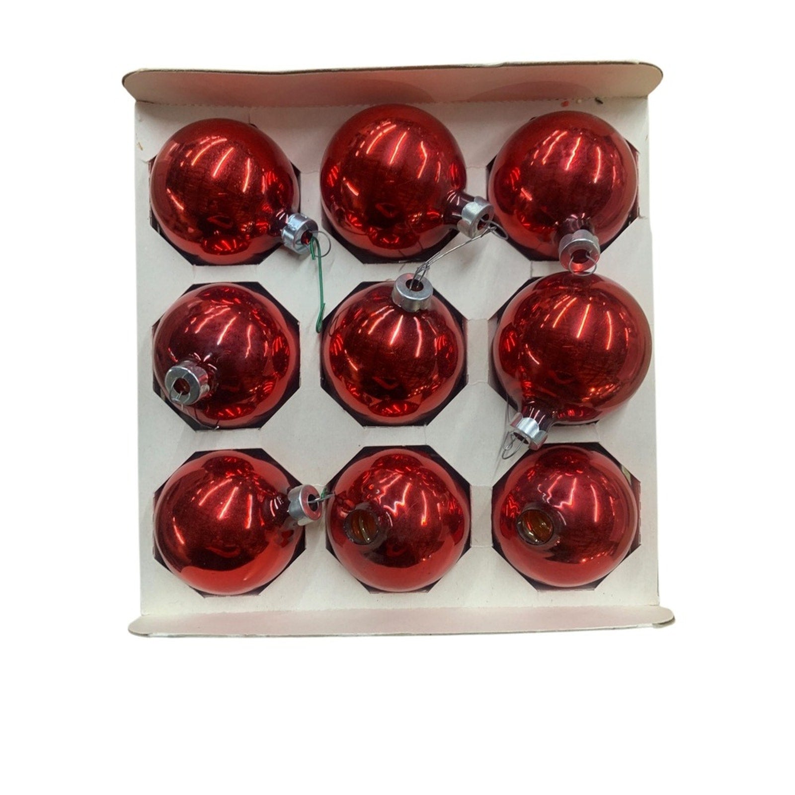 Vintage Essex Frankie Red Glass Christmas Ornaments Set of 9 in Box USA
