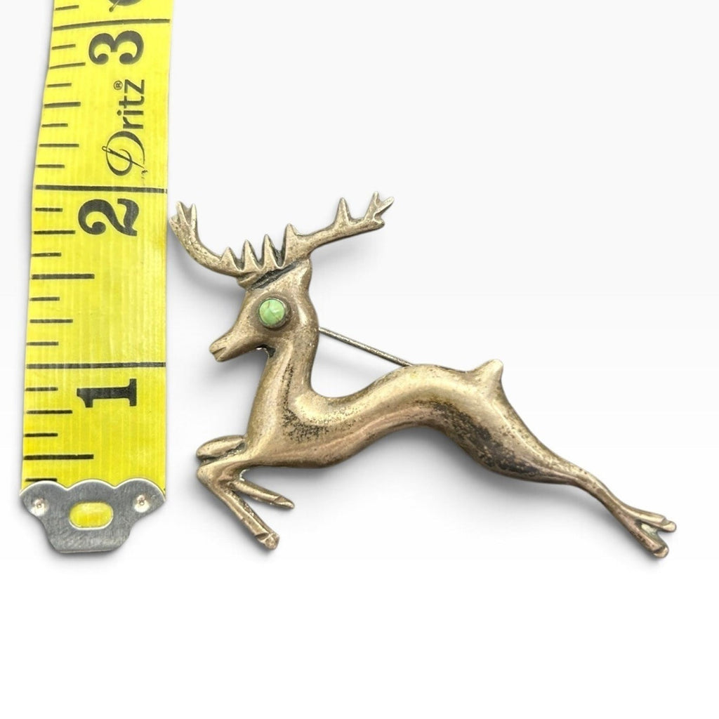 Vintage Mexico Sterling Silver Leaping Deer Stag Brooch Green Stone Eye Bohemian