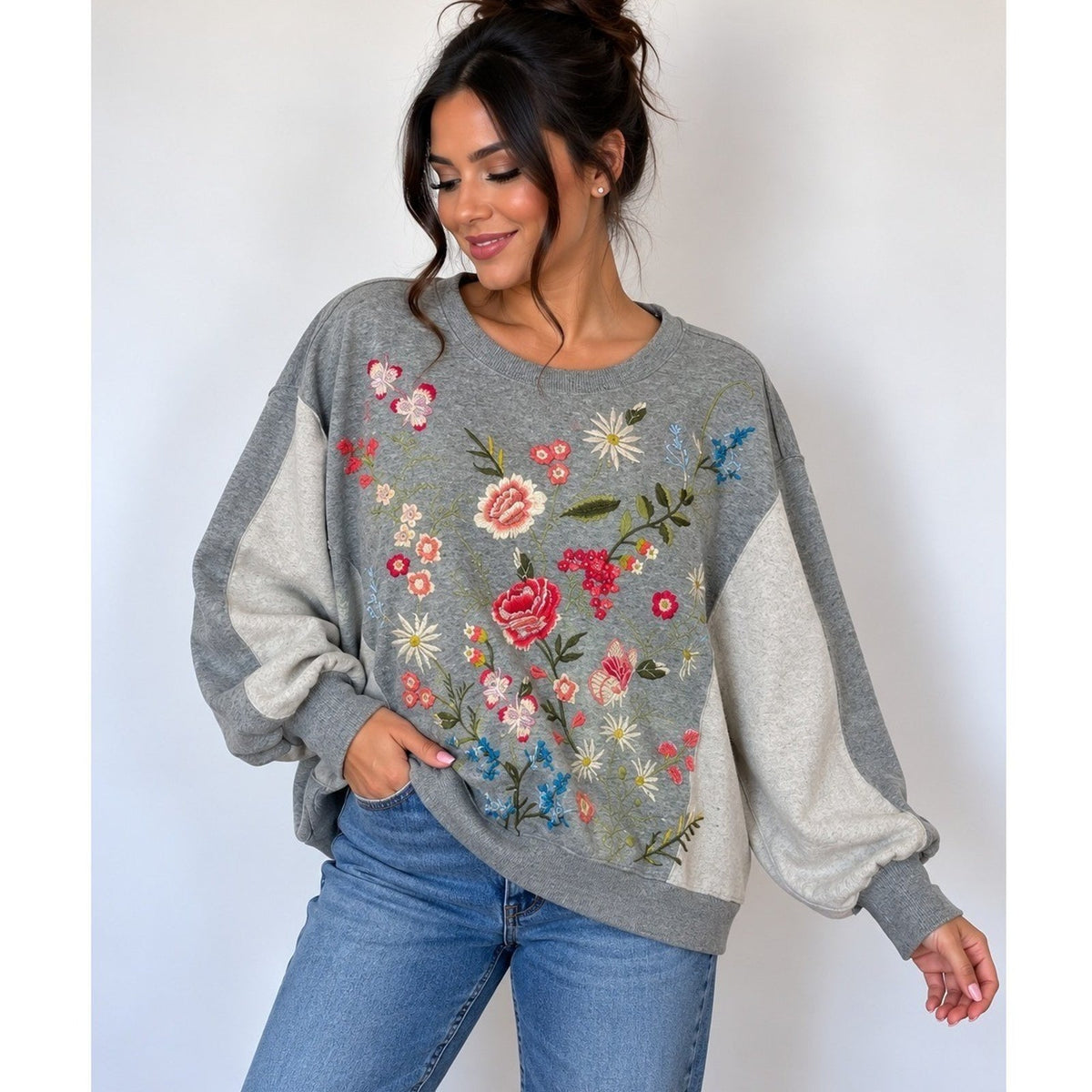 Johnny Was Catalina Terry Floral Embroidered Sweatshirt Grey PXL cottagecore