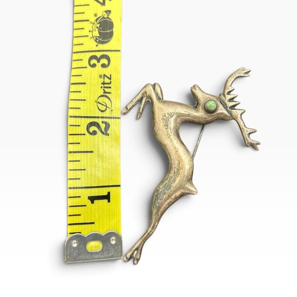 Vintage Mexico Sterling Silver Leaping Deer Stag Brooch Green Stone Eye Bohemian