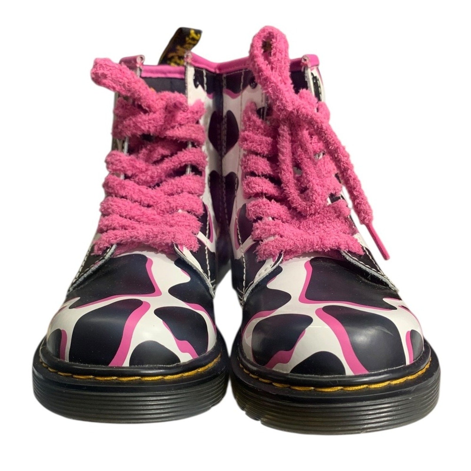Kids Dr Martens Boots Cow Print Pink Laces Side Zip Youth Size 1