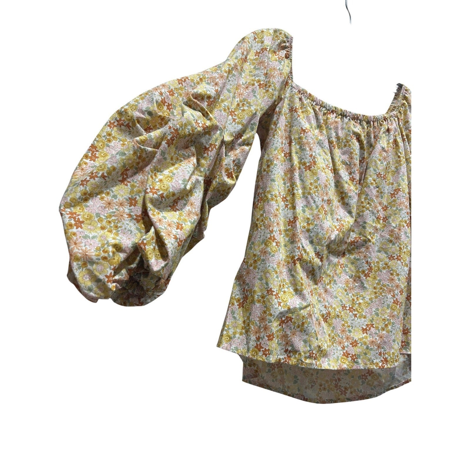 Petersyn Women Yellow Floral Off Shoulder Puff Sleeve Cotton Blouse Top S NWT