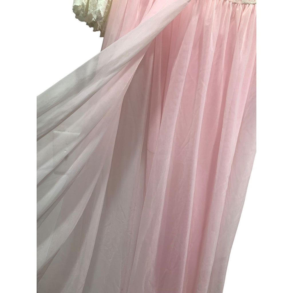 Vintage Pink Lace Maxi Nightgown Sheer Empire Waist Ruffle Sleeve Peignoir Dress
