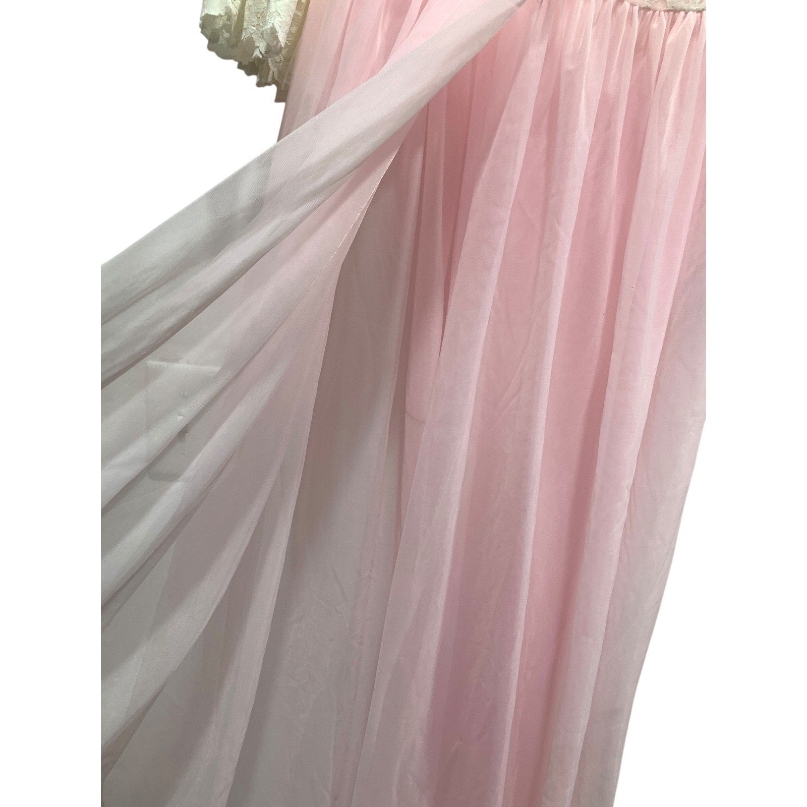 Vintage Pink Lace Maxi Nightgown Sheer Empire Waist Ruffle Sleeve Peignoir Dress