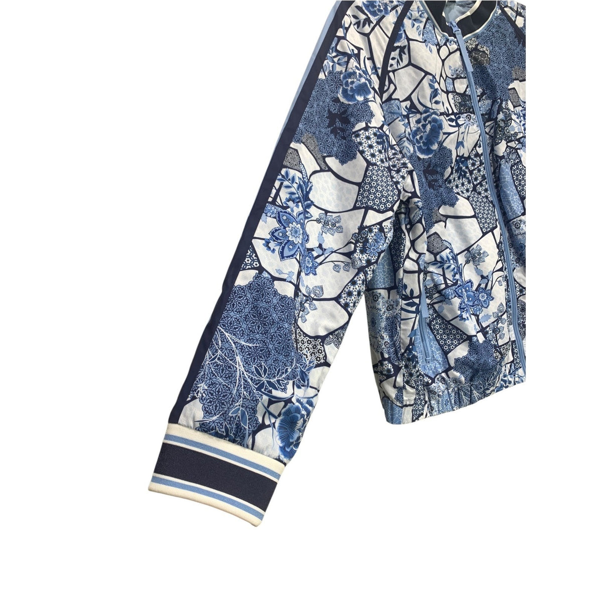 Johnny Was Bee Active Blue Floral Mosaic Full Zip Bomber Jacket Large L