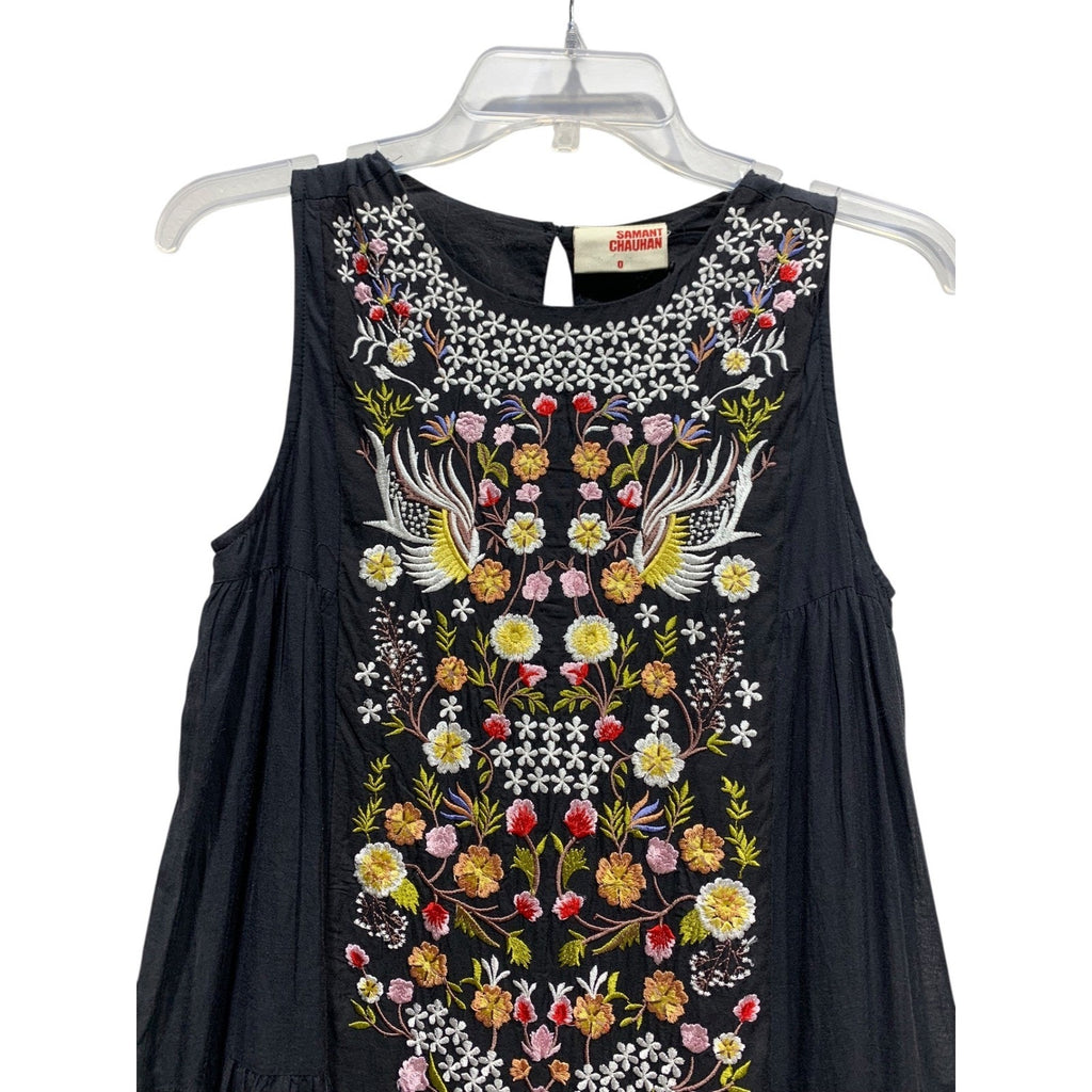Samant Chauhan Anthropologie Black Embroidered Bird Floral Tiered Maxi Dress 0
