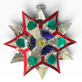 Vintage Mexican 3D Tin Star Ornament 5 Inch Hand Painted Folk Art Silver Red