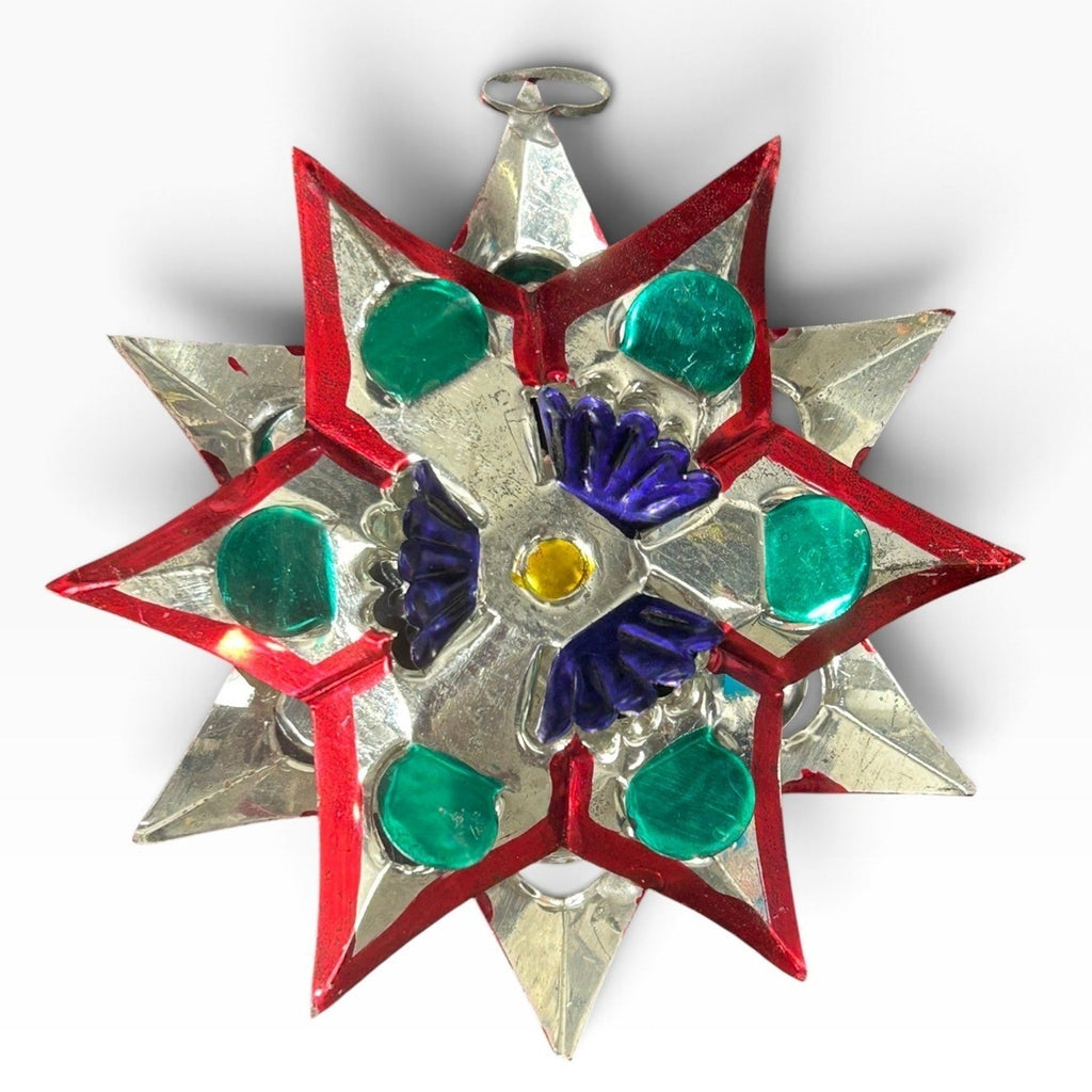 Vintage Mexican 3D Tin Star Ornament 5 Inch Hand Painted Folk Art Silver Red