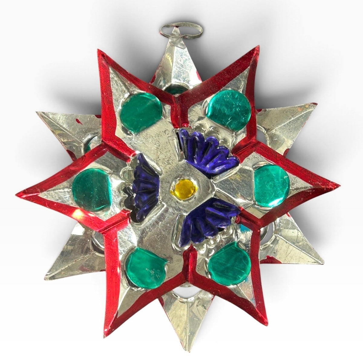 Vintage Mexican 3D Tin Star Ornament 5 Inch Hand Painted Folk Art Silver Red