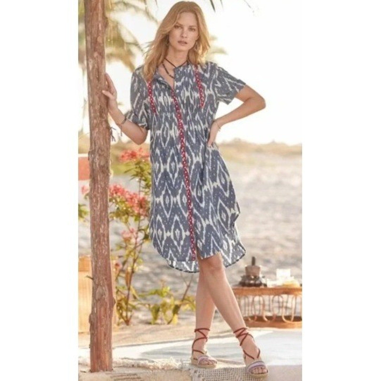 Sundance Isabel Ikat Shirt Dress Size XXL Blue 100% Cotton boho coastal summer