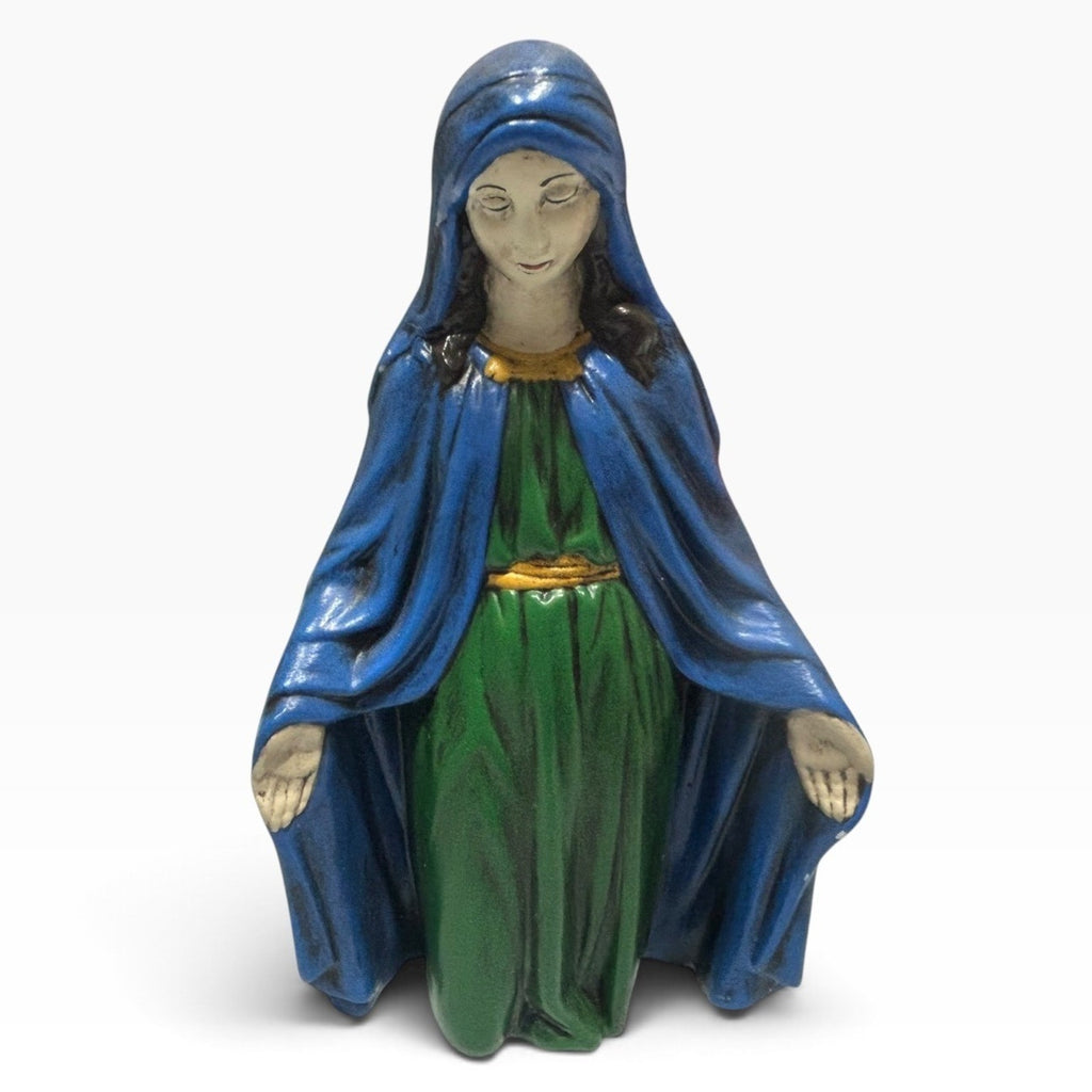 Vintage 1970s Holland Mold Virgin Mary Ceramic Figurine Hand Painted Blue Green