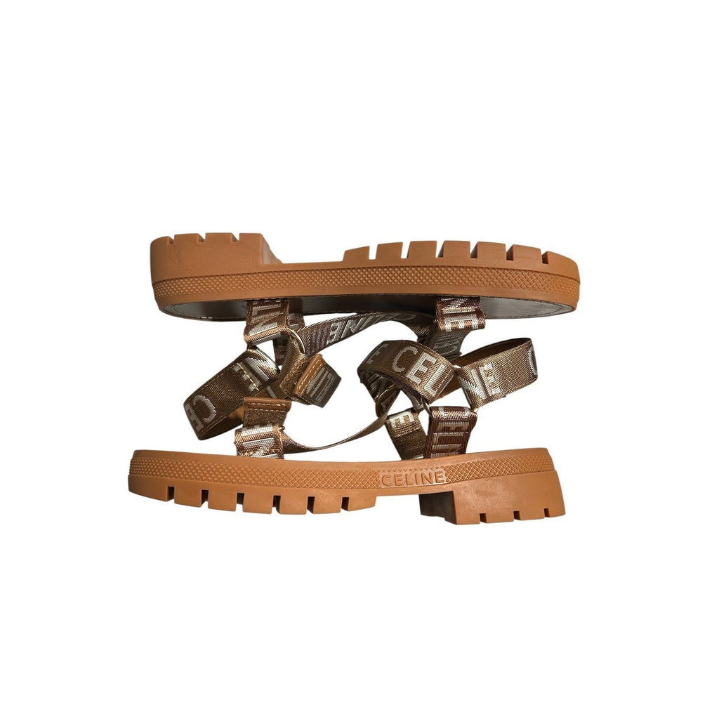 Celine Leo Flat Sandals Bronze Logo Jacquard Lug Sole Womens Size 40 Italy