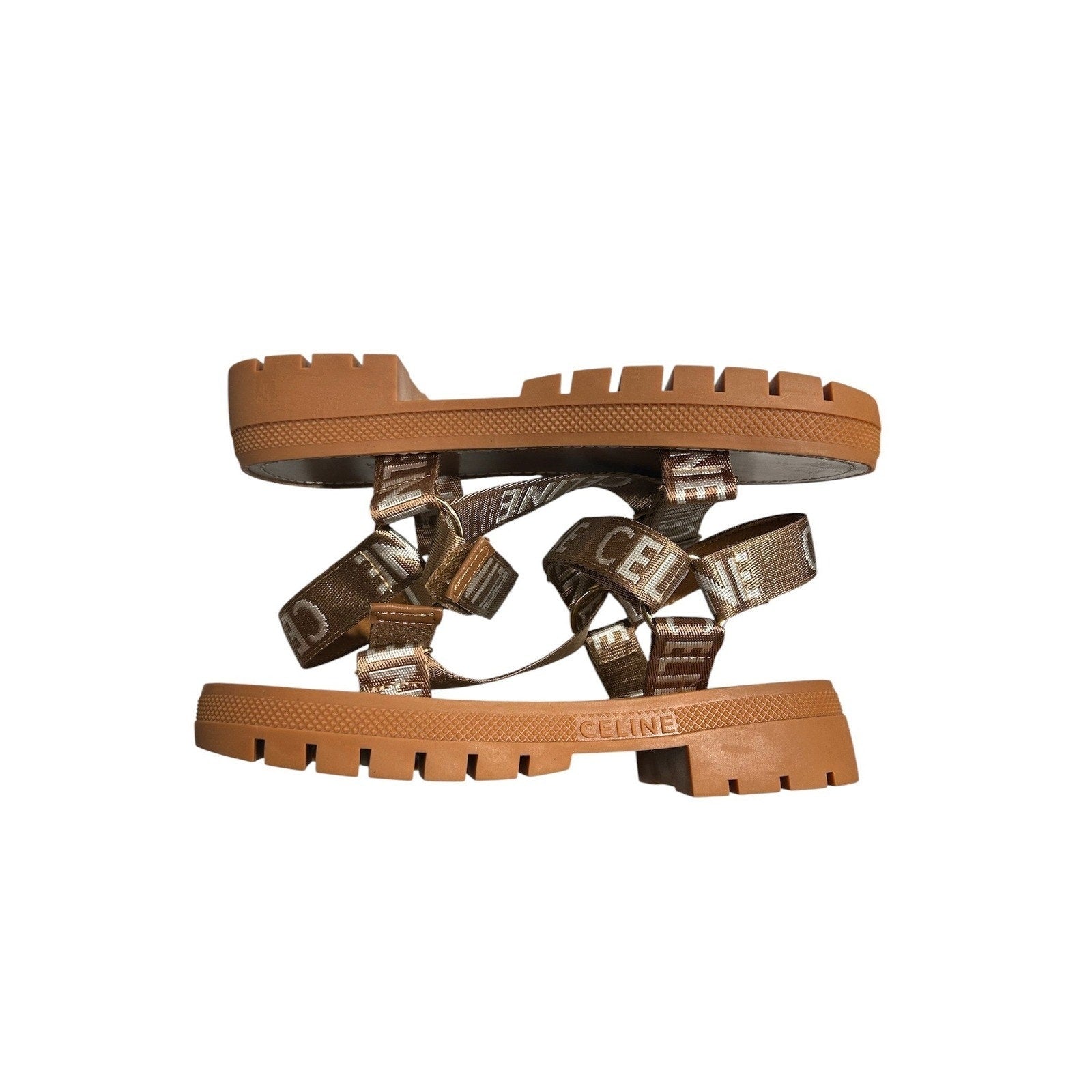 Celine Leo Flat Sandals Bronze Logo Jacquard Lug Sole Womens Size 40 Italy