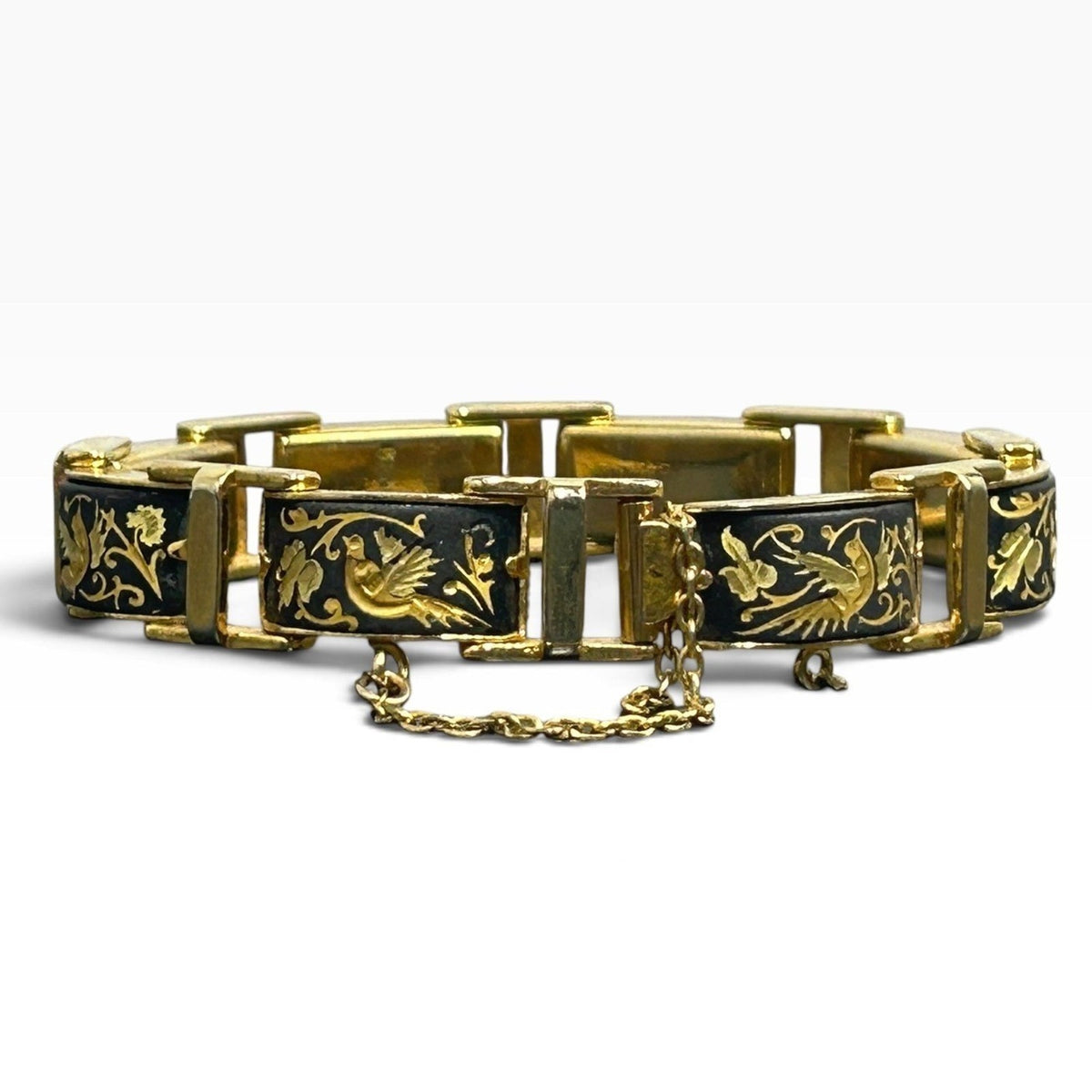 Vintage Spanish Damascene 24k Gold Inlay Bird Floral Link Bracelet 7.5in