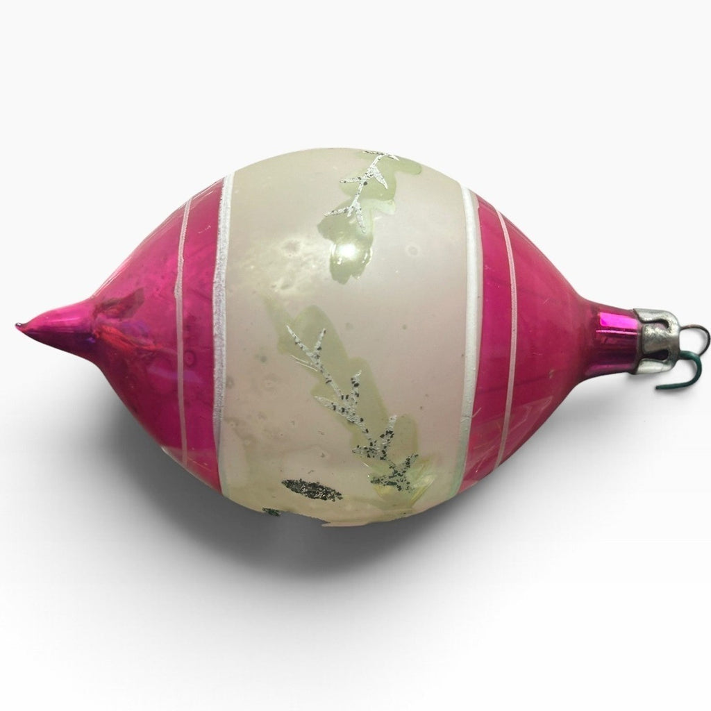 Vintage Poland Pink White Glass Teardrop Christmas Ornament Glitter Patina 3.5in