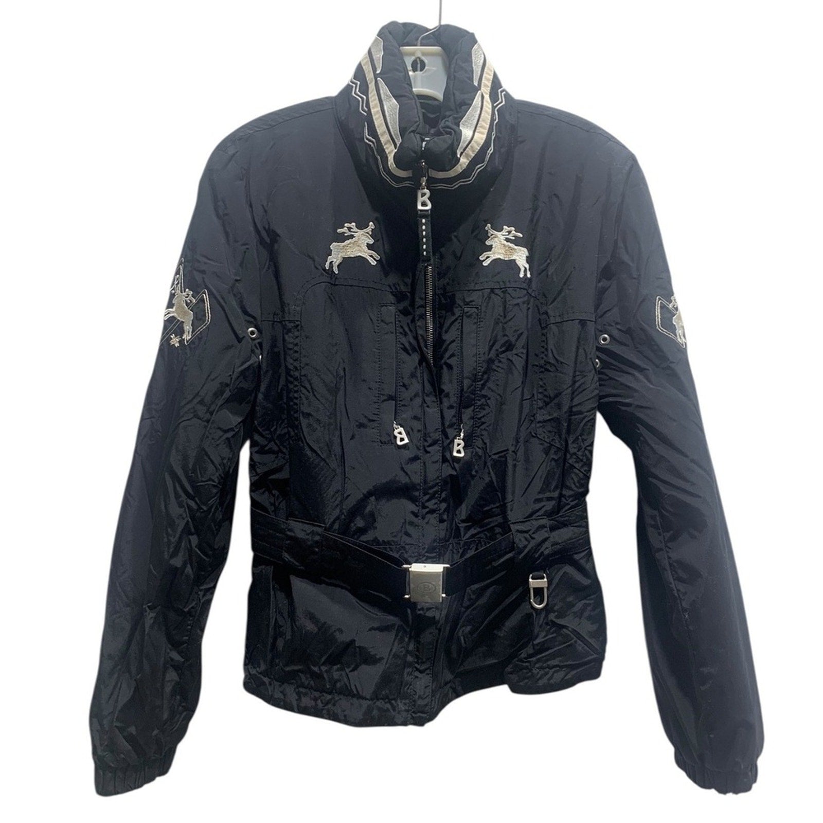 Bogner Ski Jacket Black Embroidered Deer Womens Belted Casual Outerwear sz 10