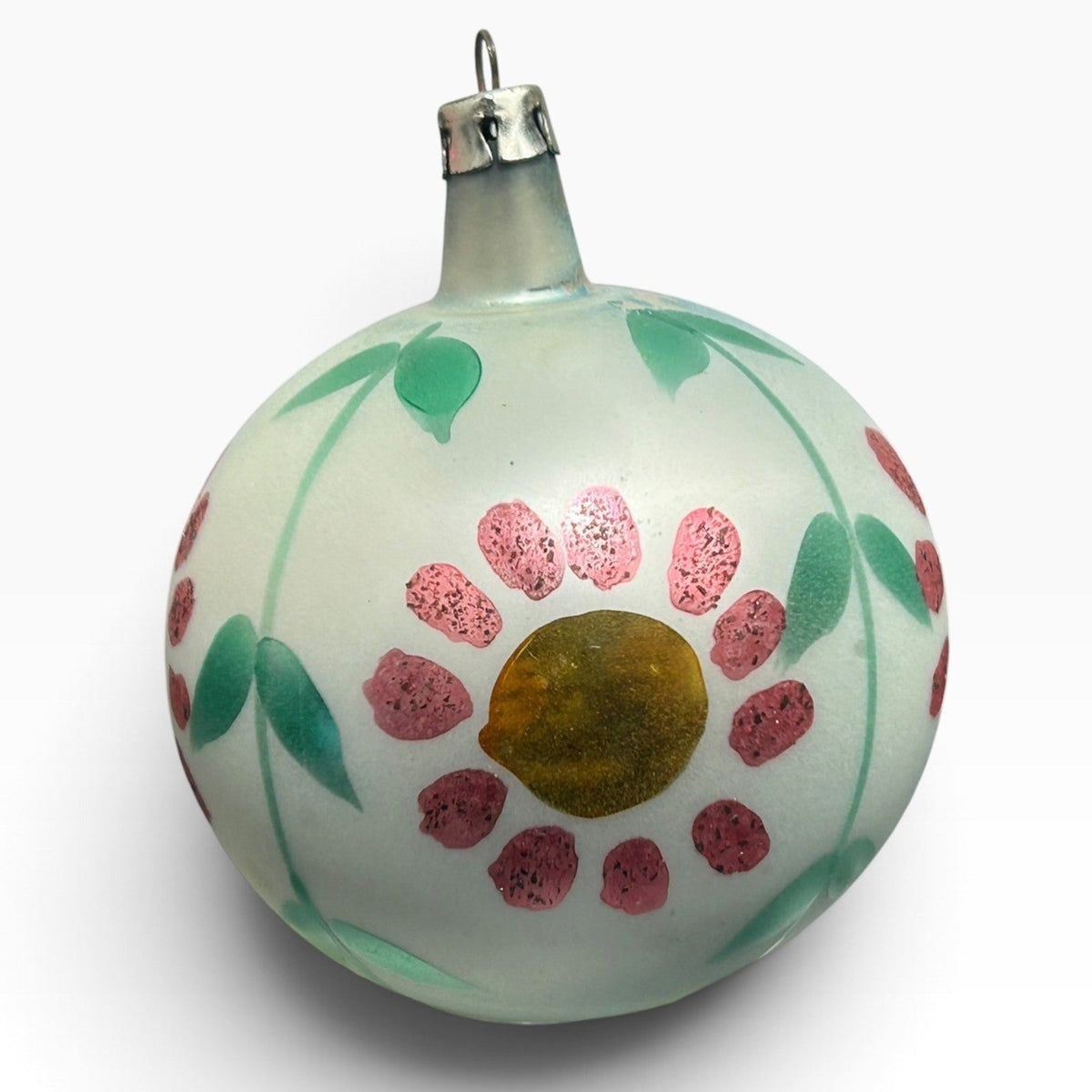 Vintage Poland Glass Christmas Ornament Hand Painted Floral Pink Green 2.5"