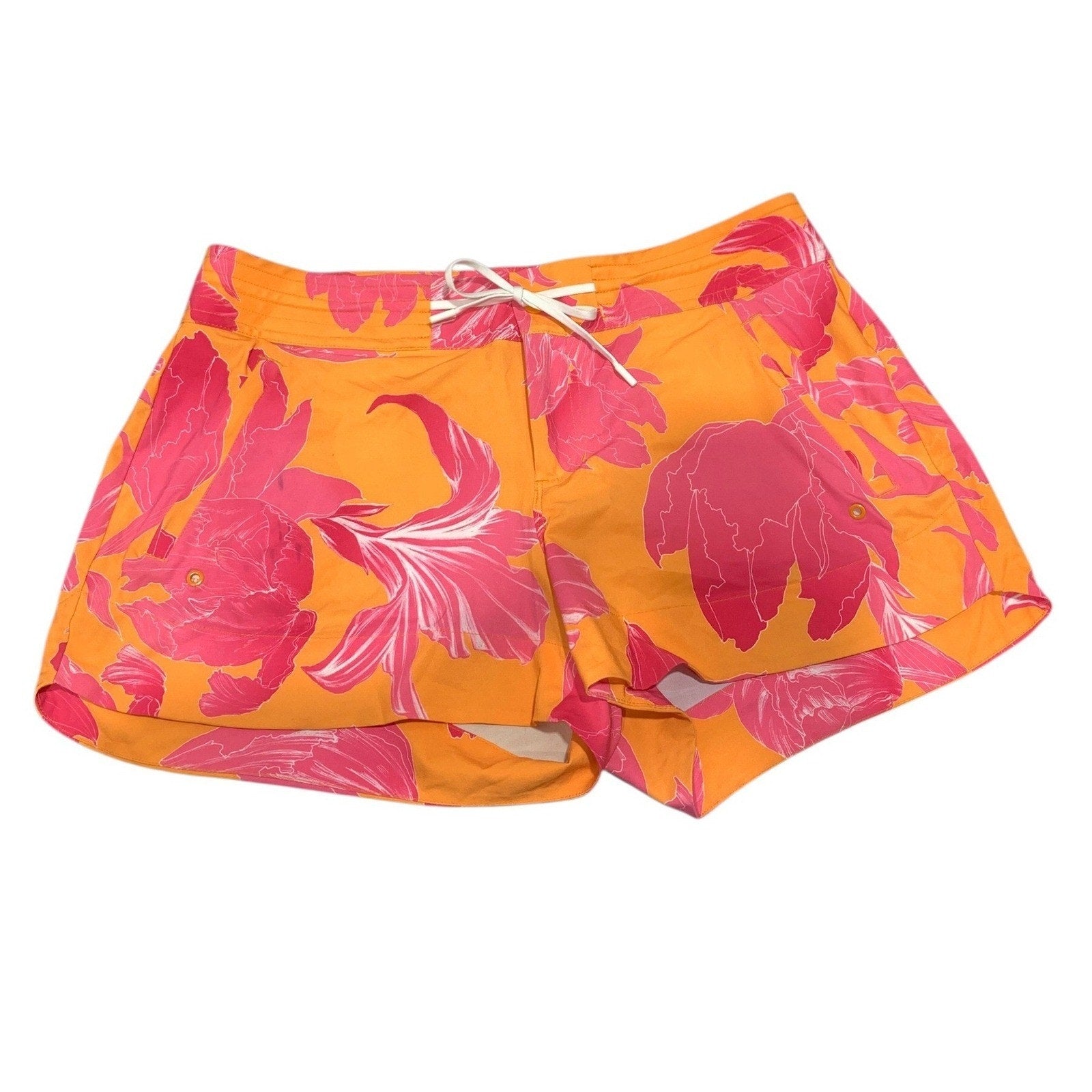 Athleta Women 10 Orange Pink Floral Tropical Board Shorts Swim Trunks Quick Dry