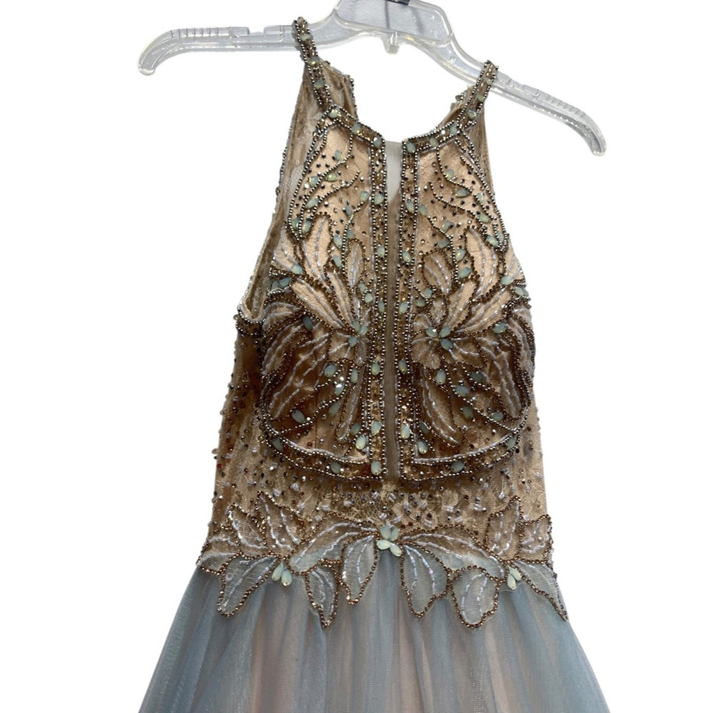 Glamour High Neck Crystal Beaded Halter Gown Tulle Skirt Prom Pageant Blue Sz 8